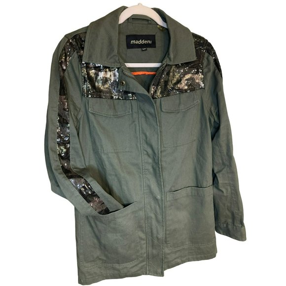 Madden NYC Women's Jacket SZ Small Olive Zip Military Style Sequin Long Sleeve - Picture 4 of 8